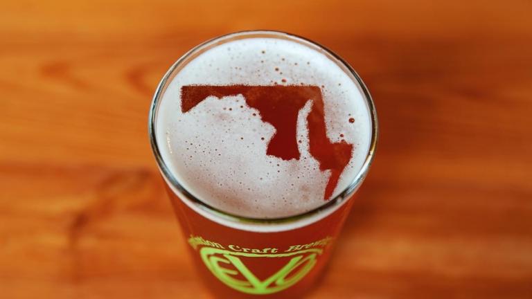 Glass of Evolution Craft Beer with foam that forms Maryland map