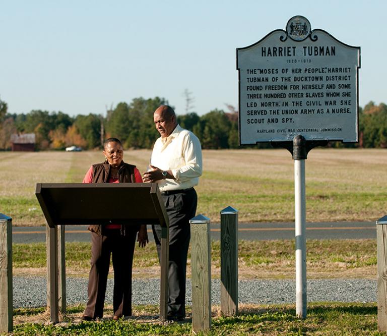 A marker designates Edward Brodess Farm—a property along Greenbrier Road near Blackwater Refuge that is historically recognized as Harriet Tubman's childhood home.